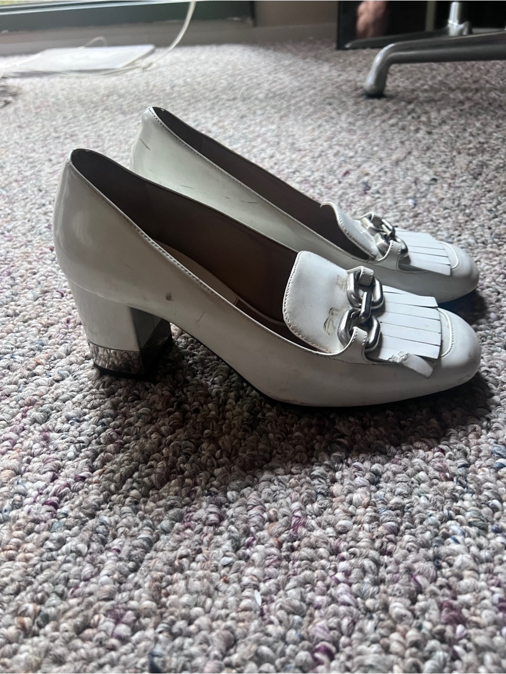 White Block Heel Loafers with Silver Chain Accent
